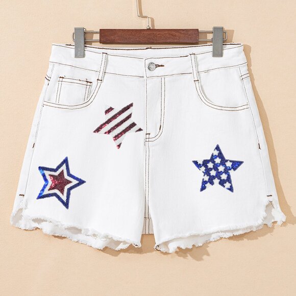 B275 White July of 4th Sequin Star Patched Raw Hem Denim Shorts - Picture 3 of 4